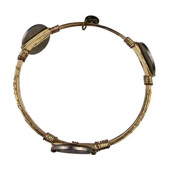 Coin-Inspired Womens Gold Tone Wire Bangle Bracelet - Picture 4 of 5